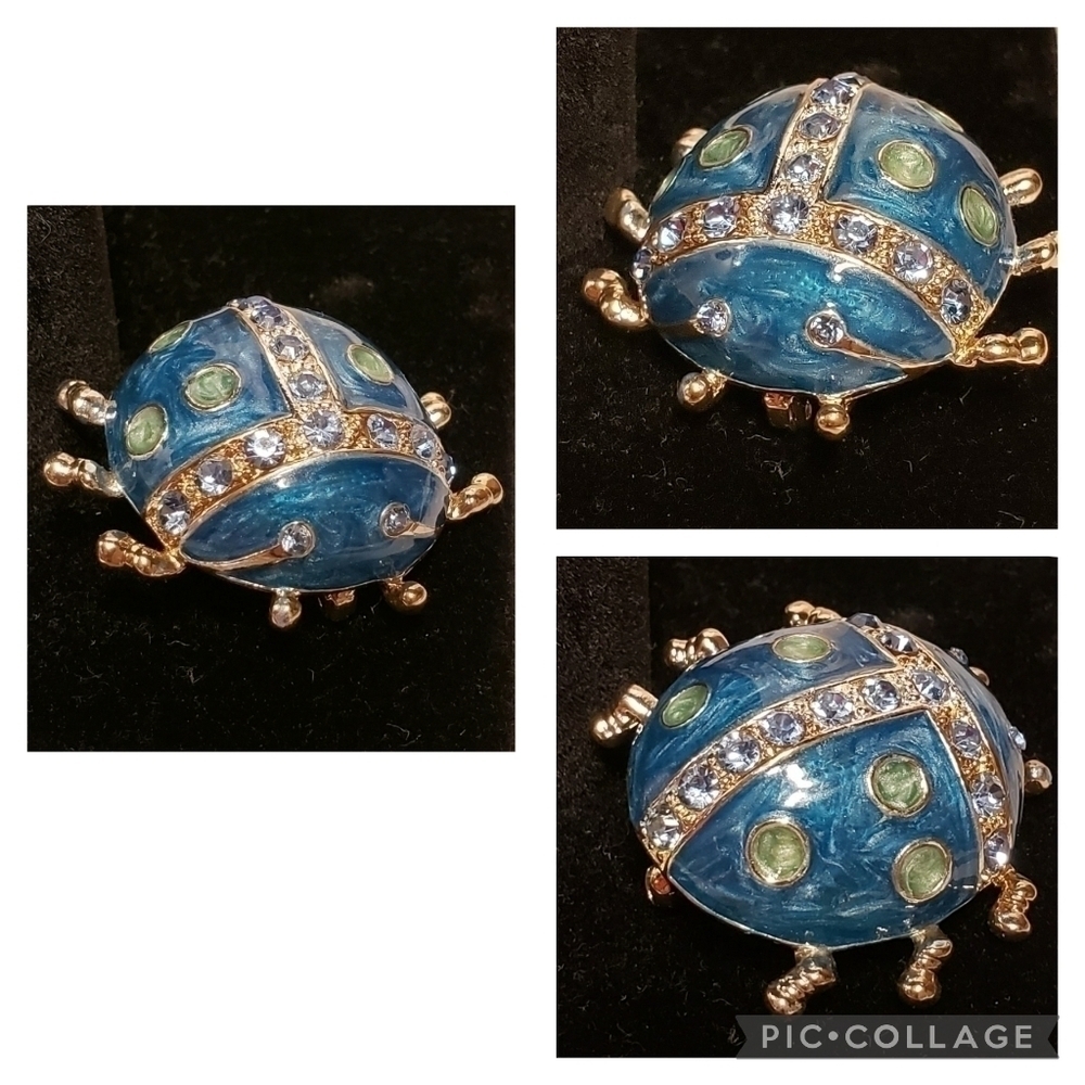 Enamel & Rhinestone Beetle Bug Cute Brooch Pin Teal